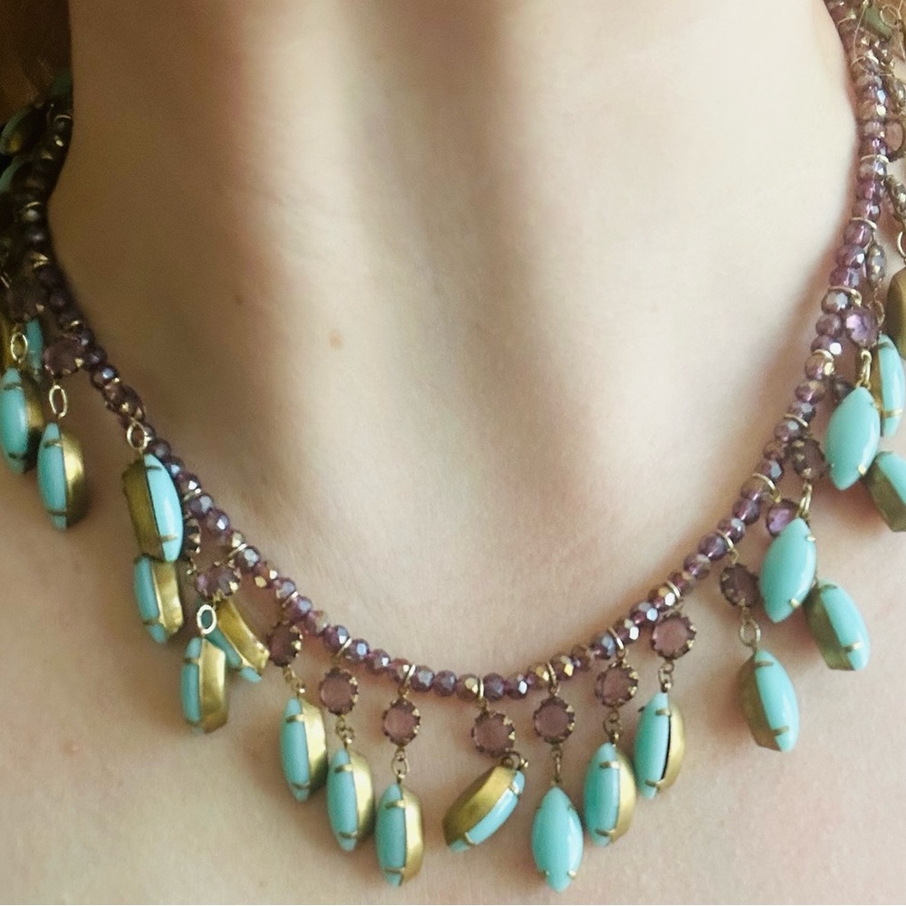 Turquoise and Amethyst Stone Beaded Boho Collar Necklace by Anthropologie - NWT